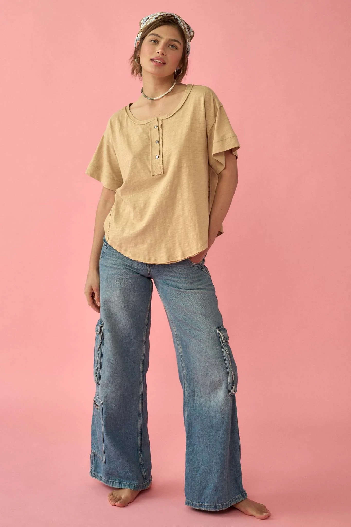 Easy Fit Vintage-Wash Exposed-Seam Henley Tee