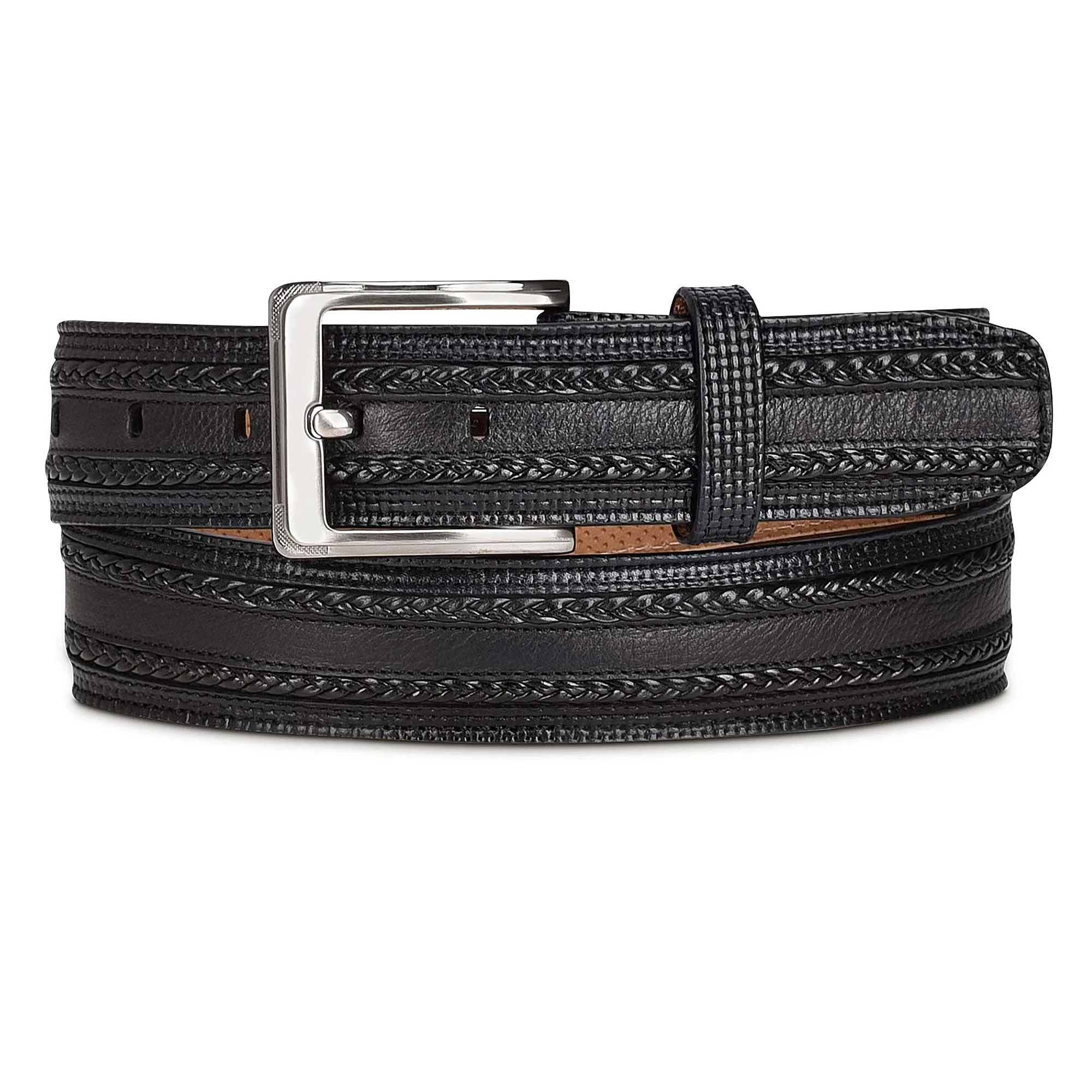 Engraved black dress leather belt