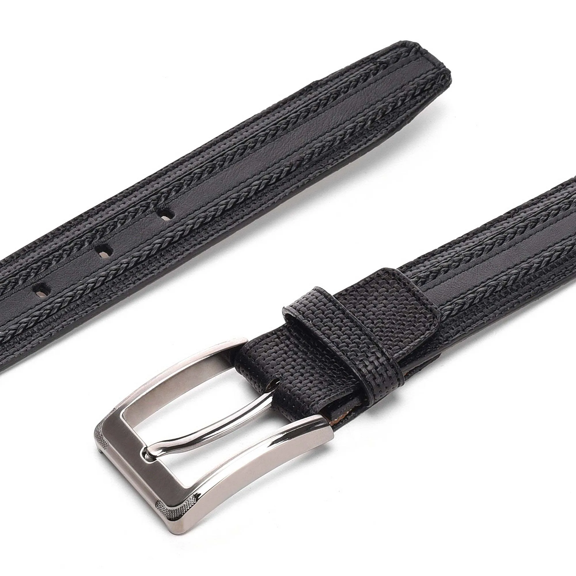 Engraved black dress leather belt