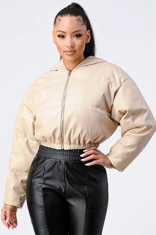 FAUX PLEATHER LEATHER CROP PUFFER JACKET