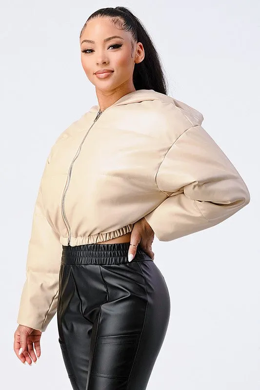 FAUX PLEATHER LEATHER CROP PUFFER JACKET