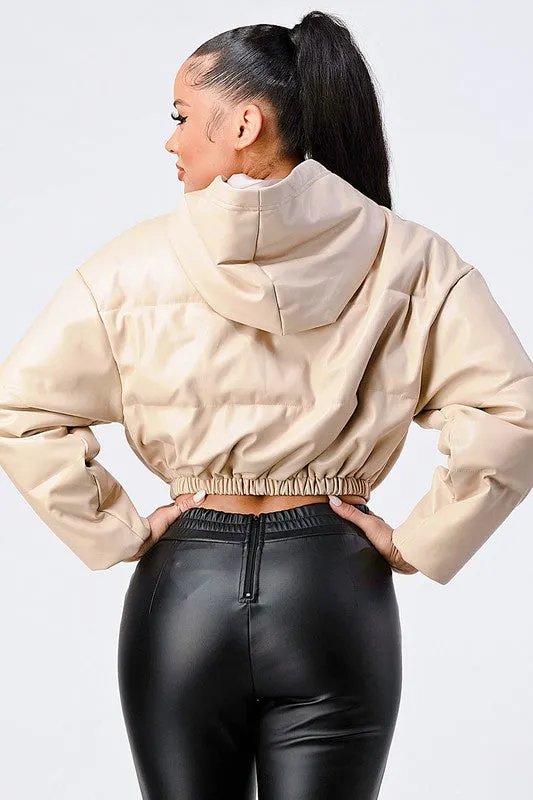 FAUX PLEATHER LEATHER CROP PUFFER JACKET