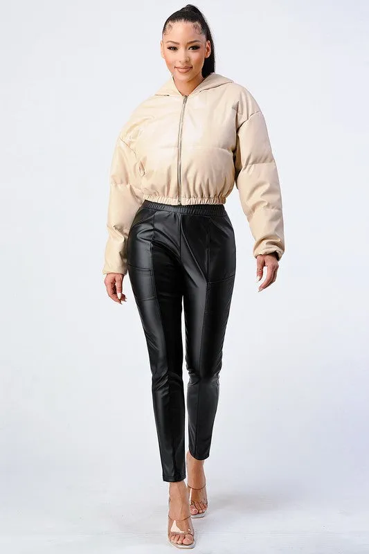 FAUX PLEATHER LEATHER CROP PUFFER JACKET