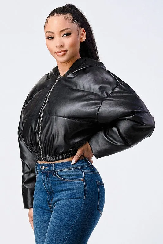 FAUX PLEATHER LEATHER CROP PUFFER JACKET