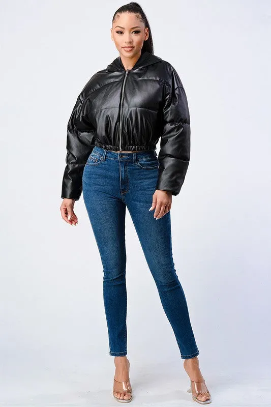 FAUX PLEATHER LEATHER CROP PUFFER JACKET