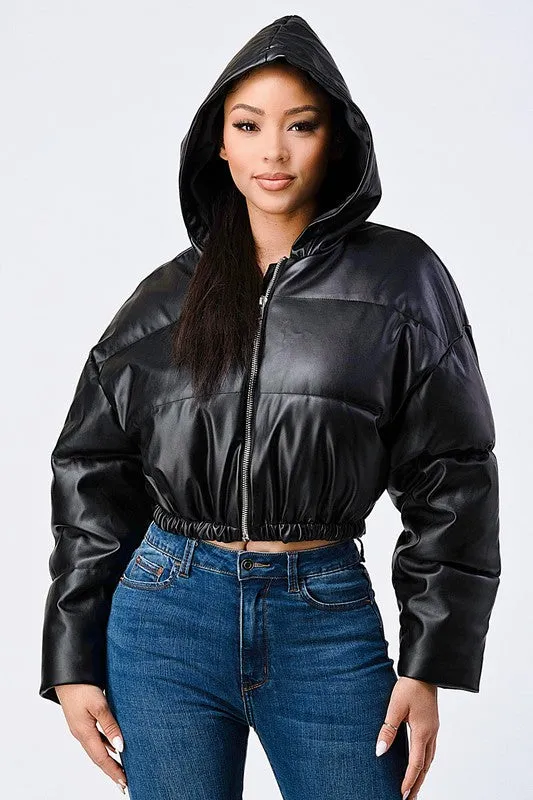 FAUX PLEATHER LEATHER CROP PUFFER JACKET