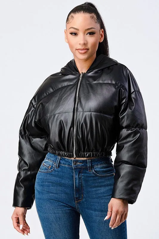 FAUX PLEATHER LEATHER CROP PUFFER JACKET