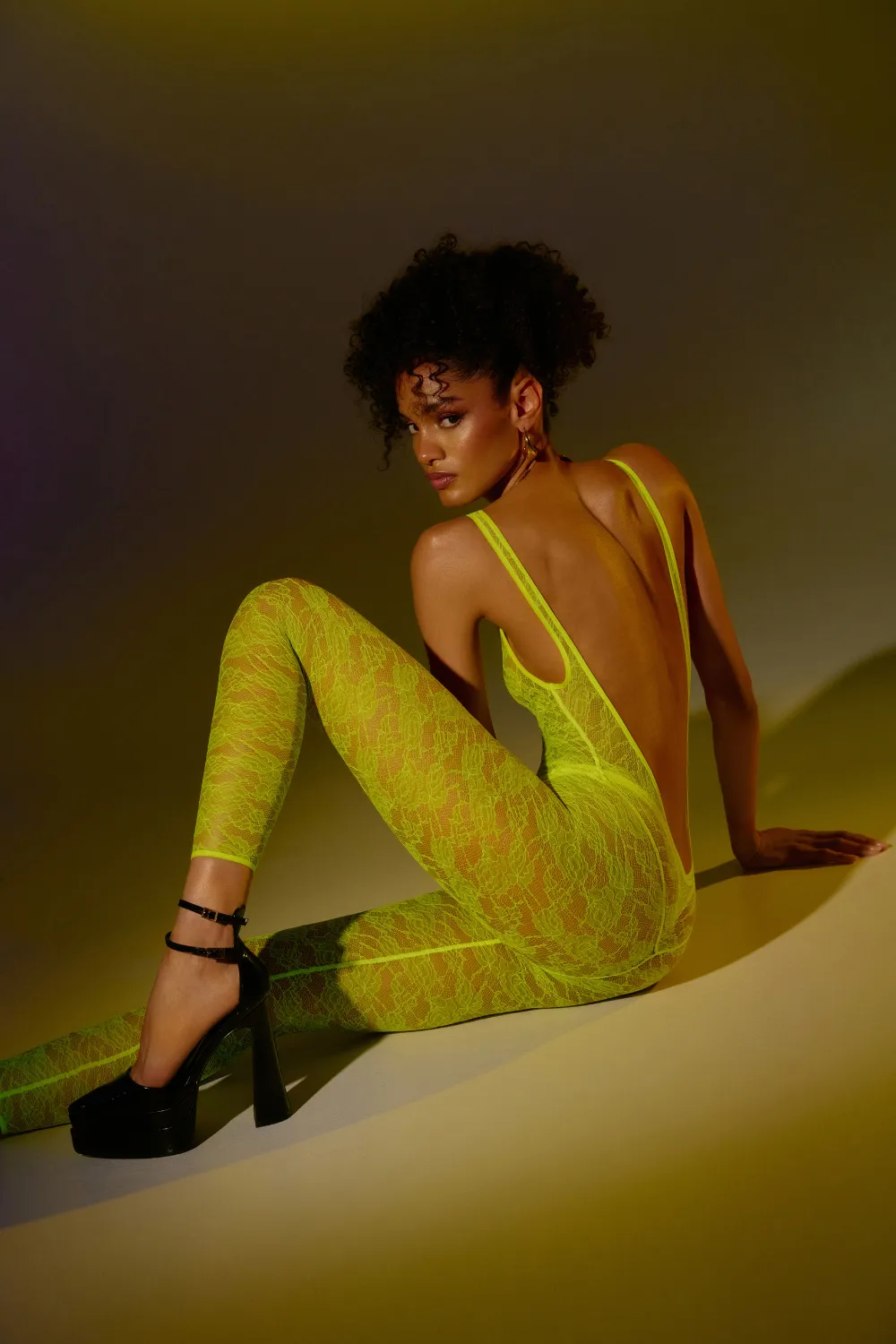 Flashback Lace Open Back Jumpsuit Yellow