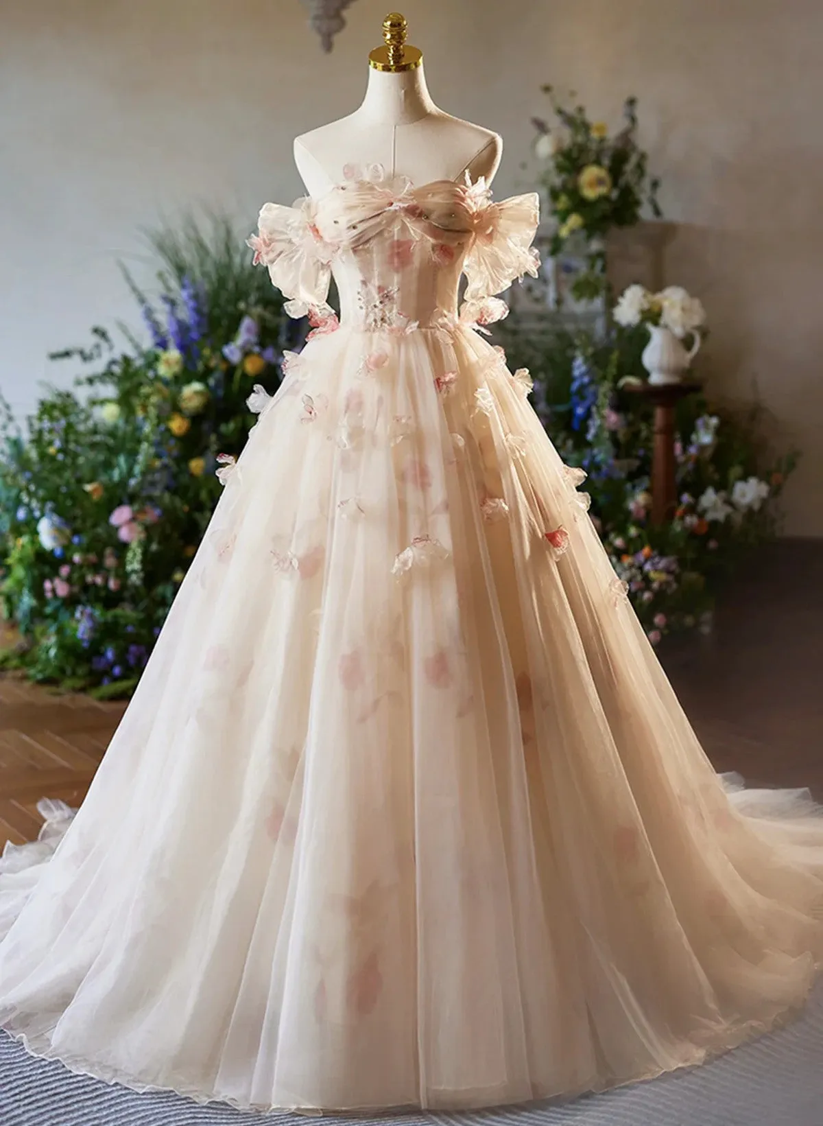 Floral A-line Champagne Tulle Long Prom Dress, Elegant  Formal Evening Dress