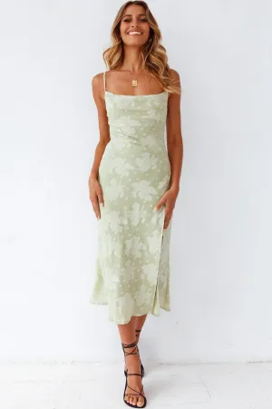 Floral Cowl Neck High Slit Slip Midi Dress - Sage Green