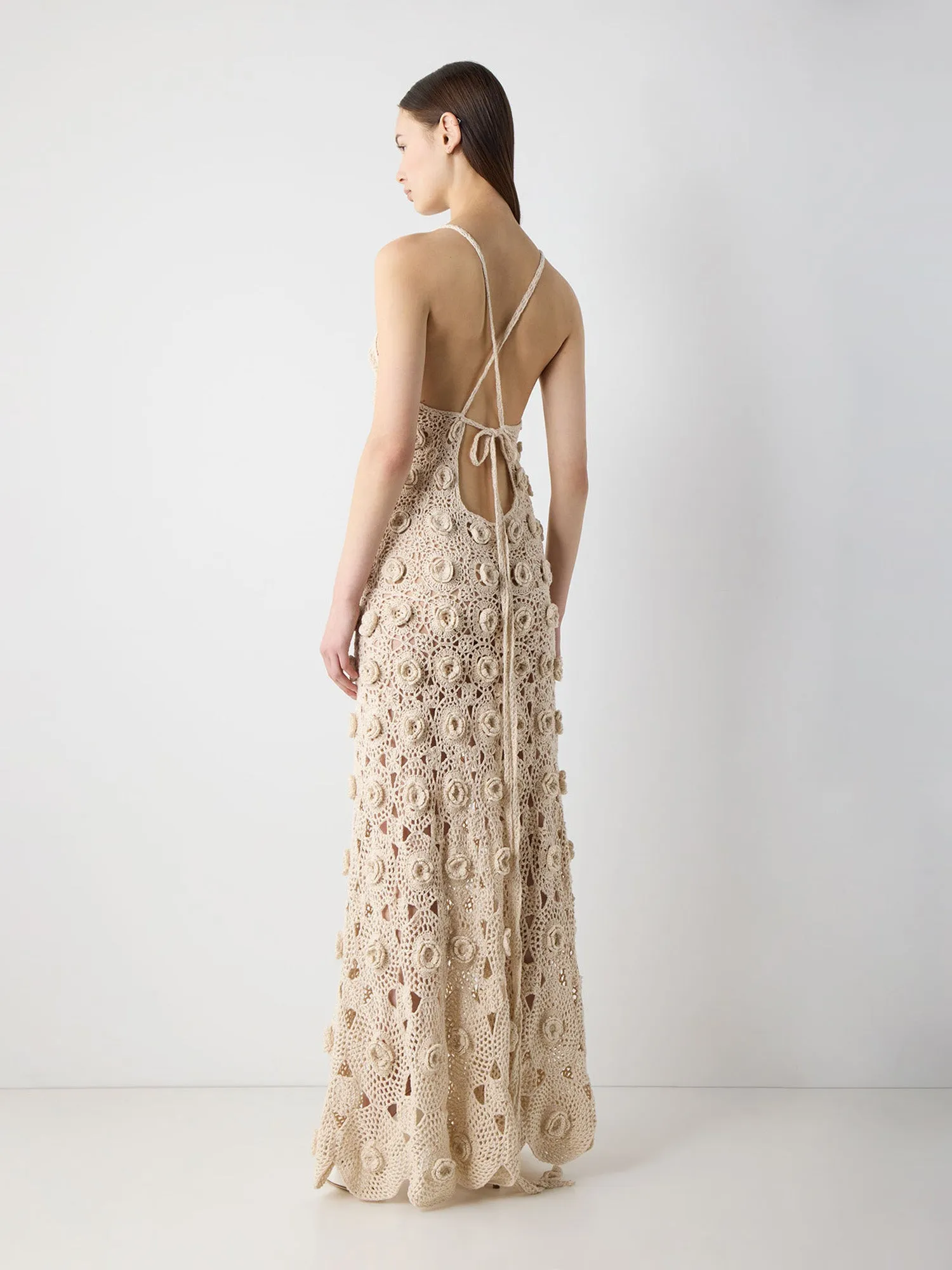 Flower Stitch Crochet Open-Back Dress in Ecru