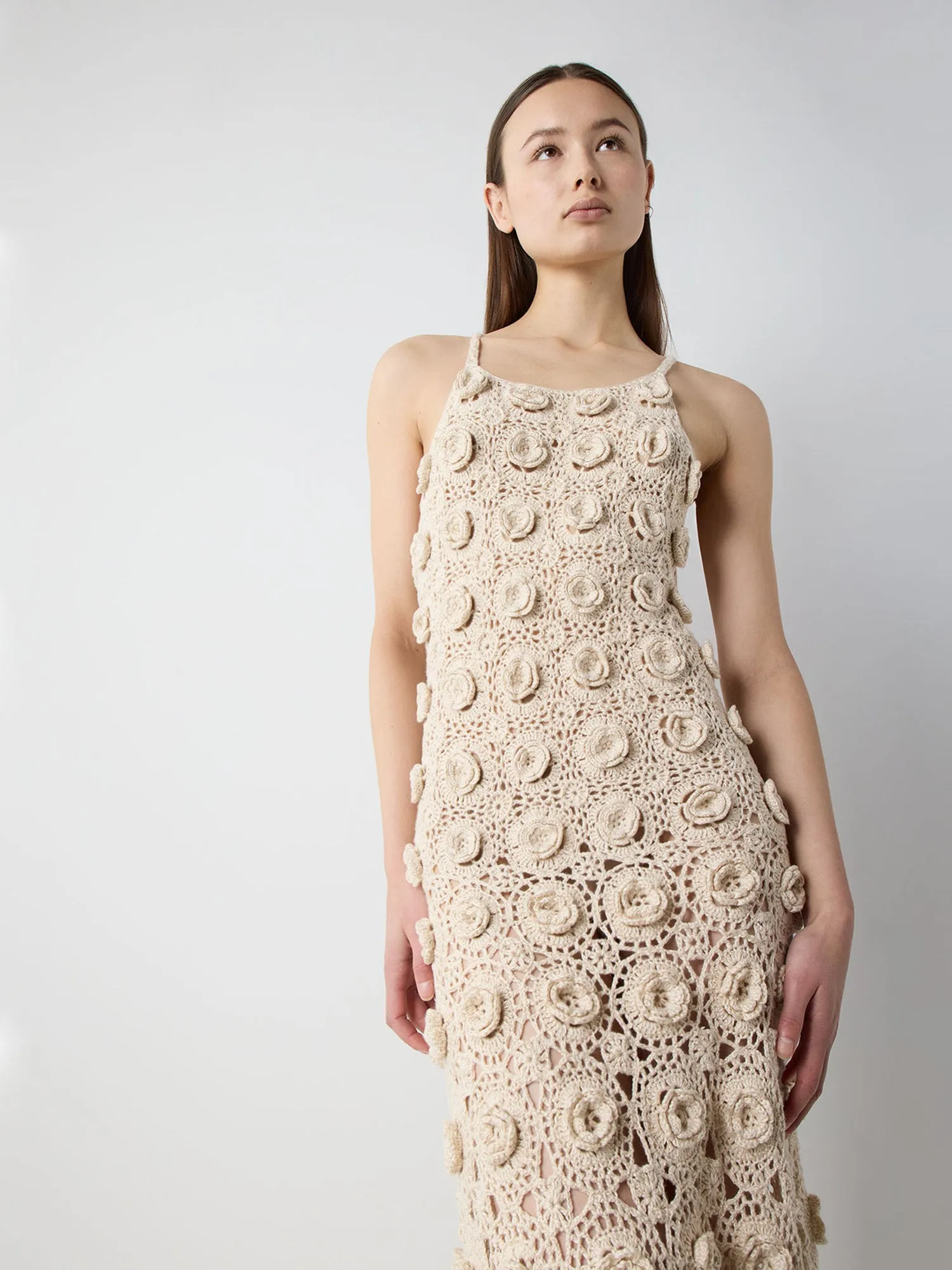 Flower Stitch Crochet Open-Back Dress in Ecru