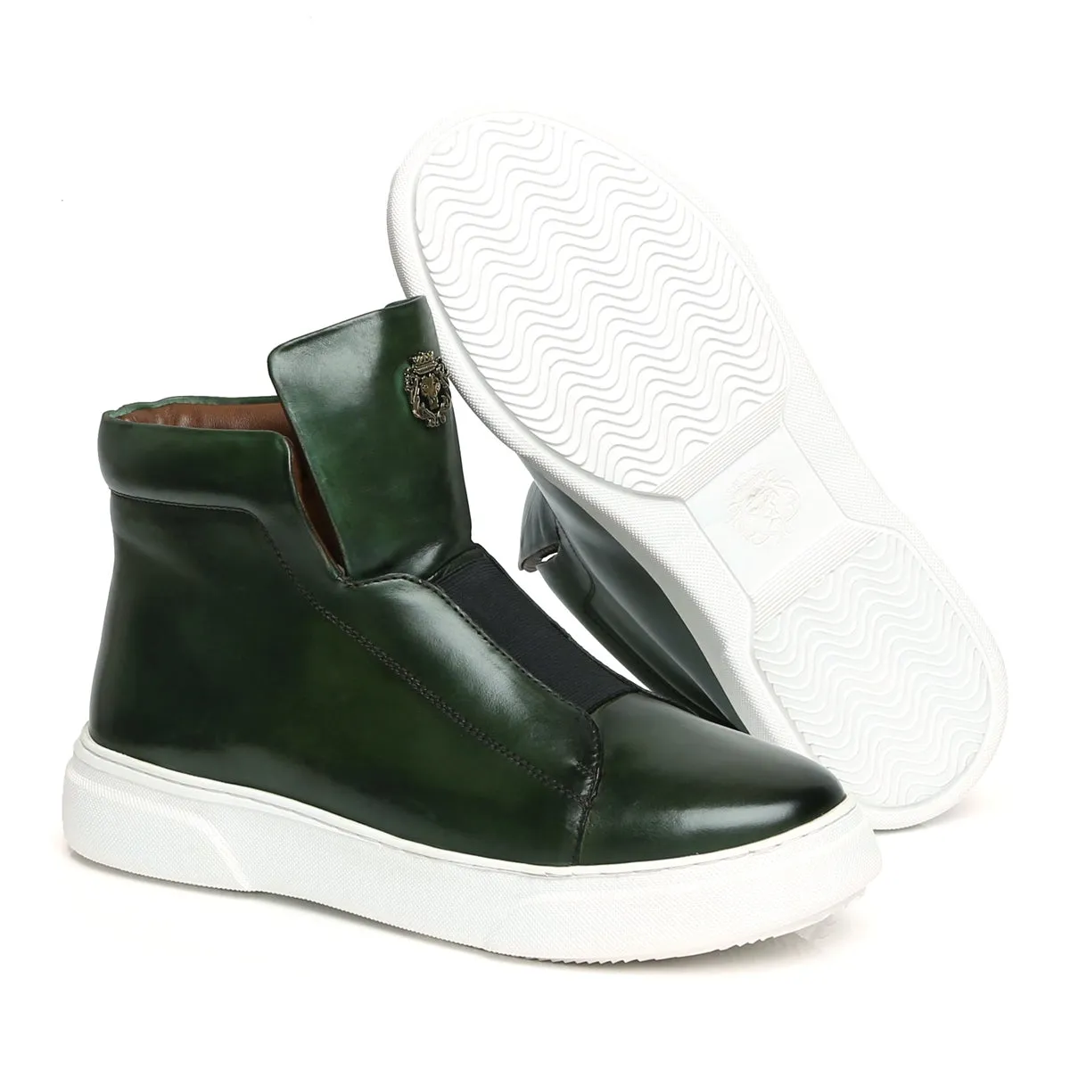 Forest Green Color Mid-Top Sneakers in Stretchable Closure by Brune & Bareskin