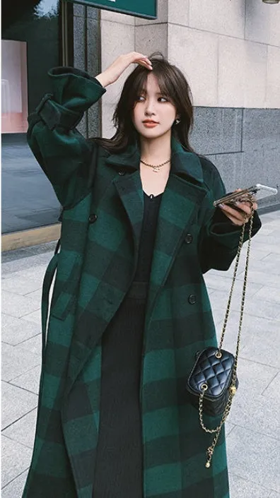 French Green Plaid Woolen Coat Is Lightly Cooked And Loose And Slim