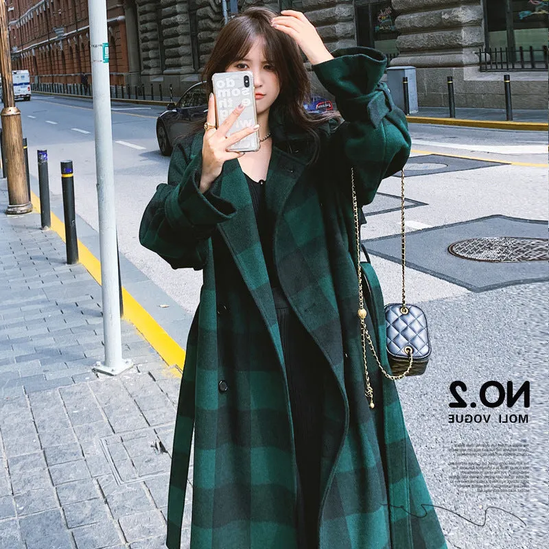 French Green Plaid Woolen Coat Is Lightly Cooked And Loose And Slim