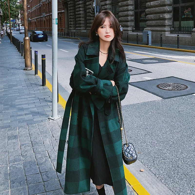 French Green Plaid Woolen Coat Is Lightly Cooked And Loose And Slim