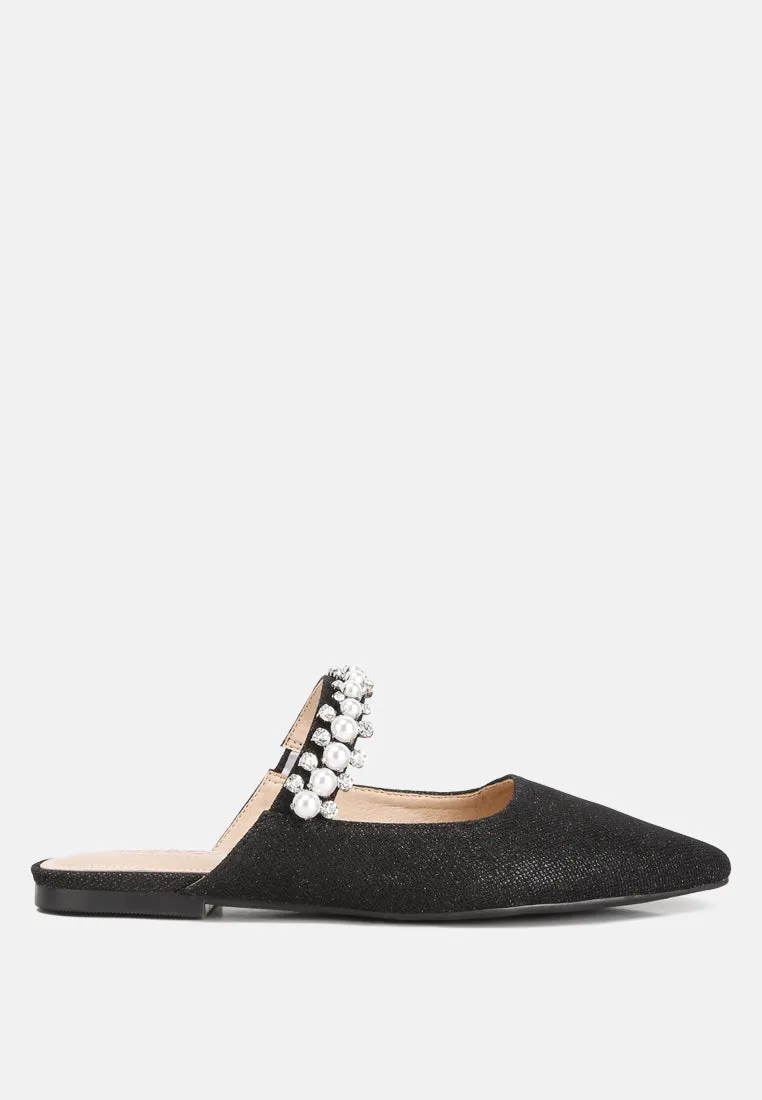 GEODE Pearl Embellished Slip On Mules in Black