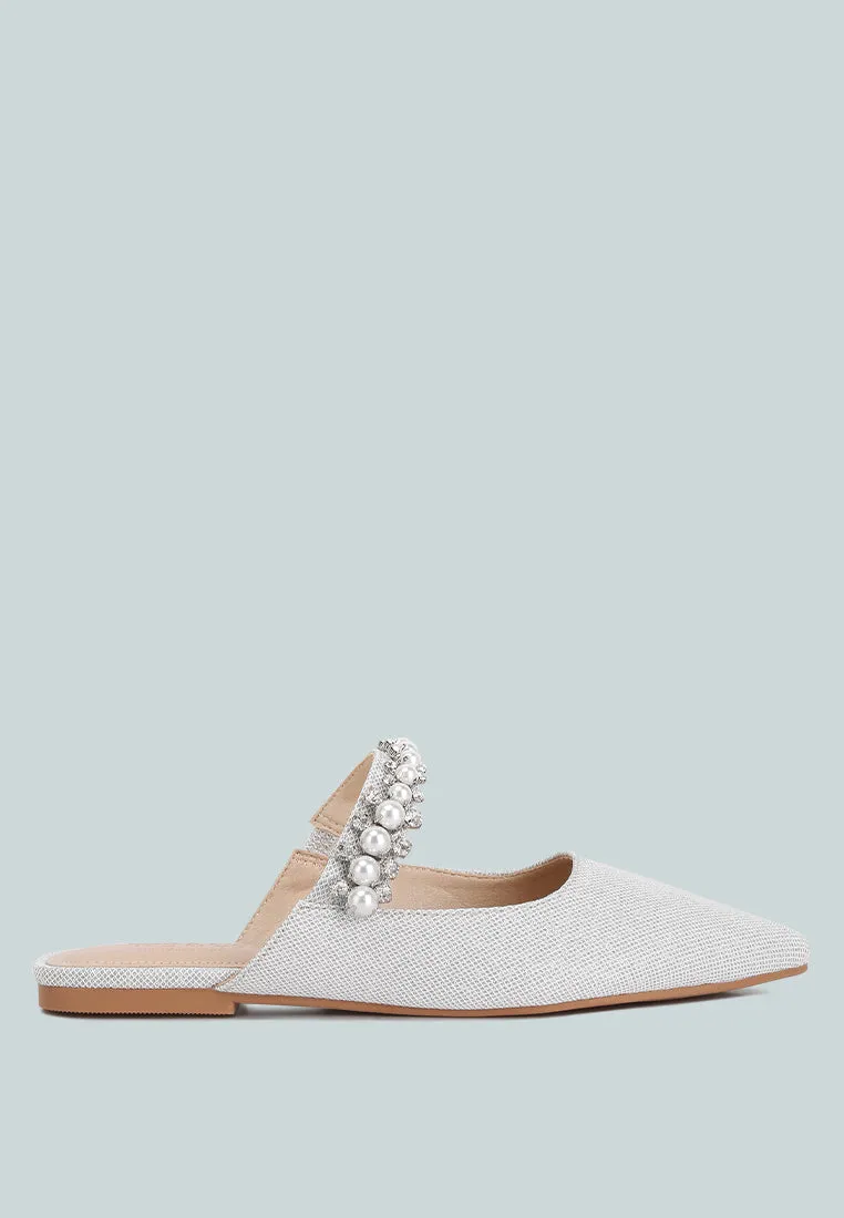 GEODE Pearl Embellished Slip On Mules In Silver