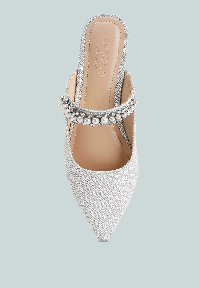 GEODE Pearl Embellished Slip On Mules In Silver