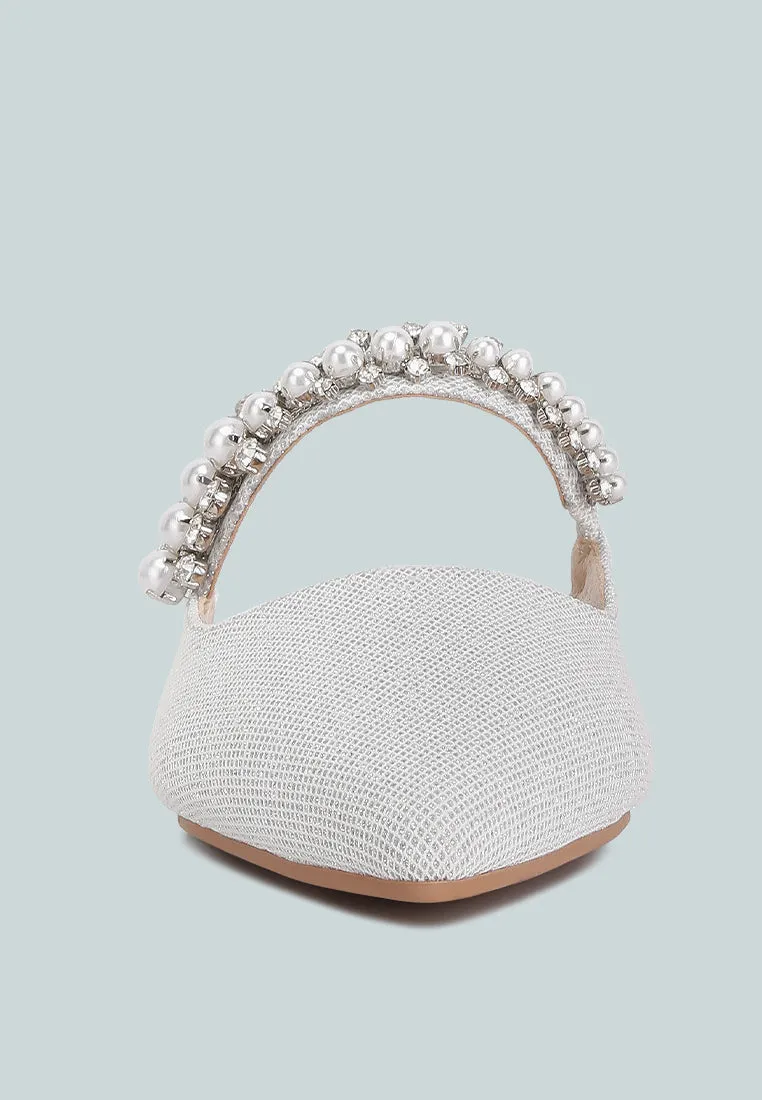 GEODE Pearl Embellished Slip On Mules In Silver