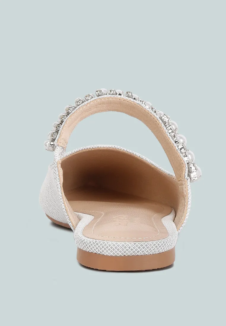 GEODE Pearl Embellished Slip On Mules In Silver