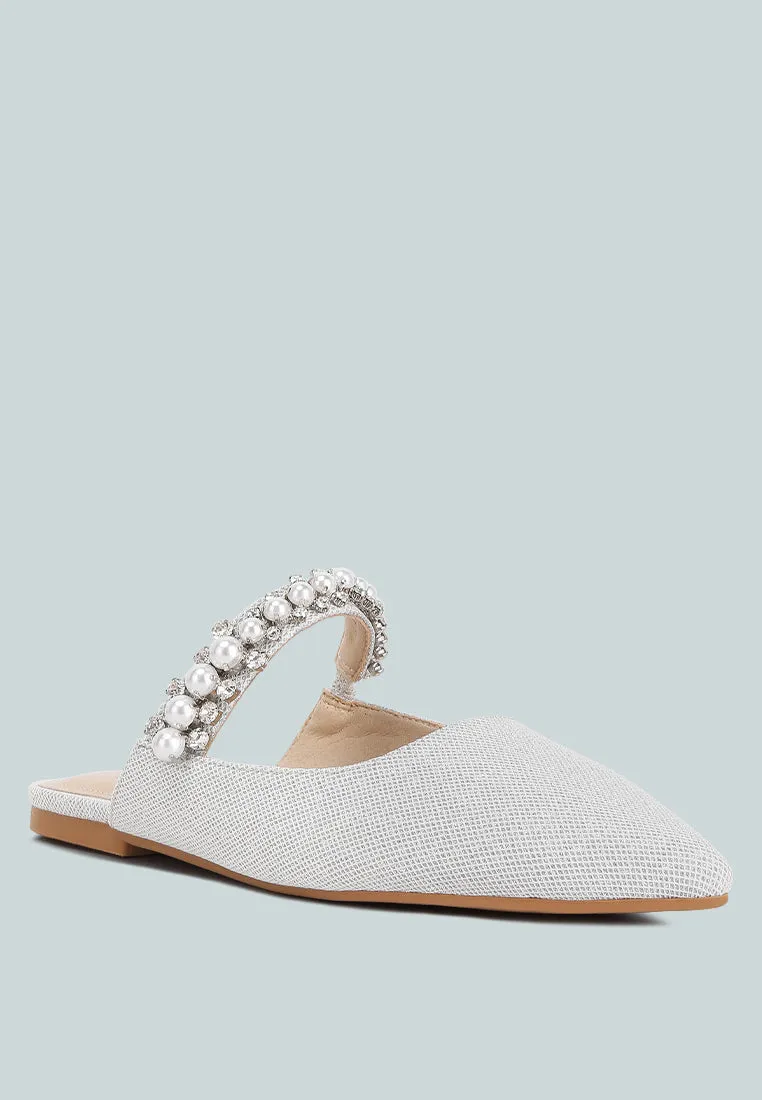 GEODE Pearl Embellished Slip On Mules In Silver