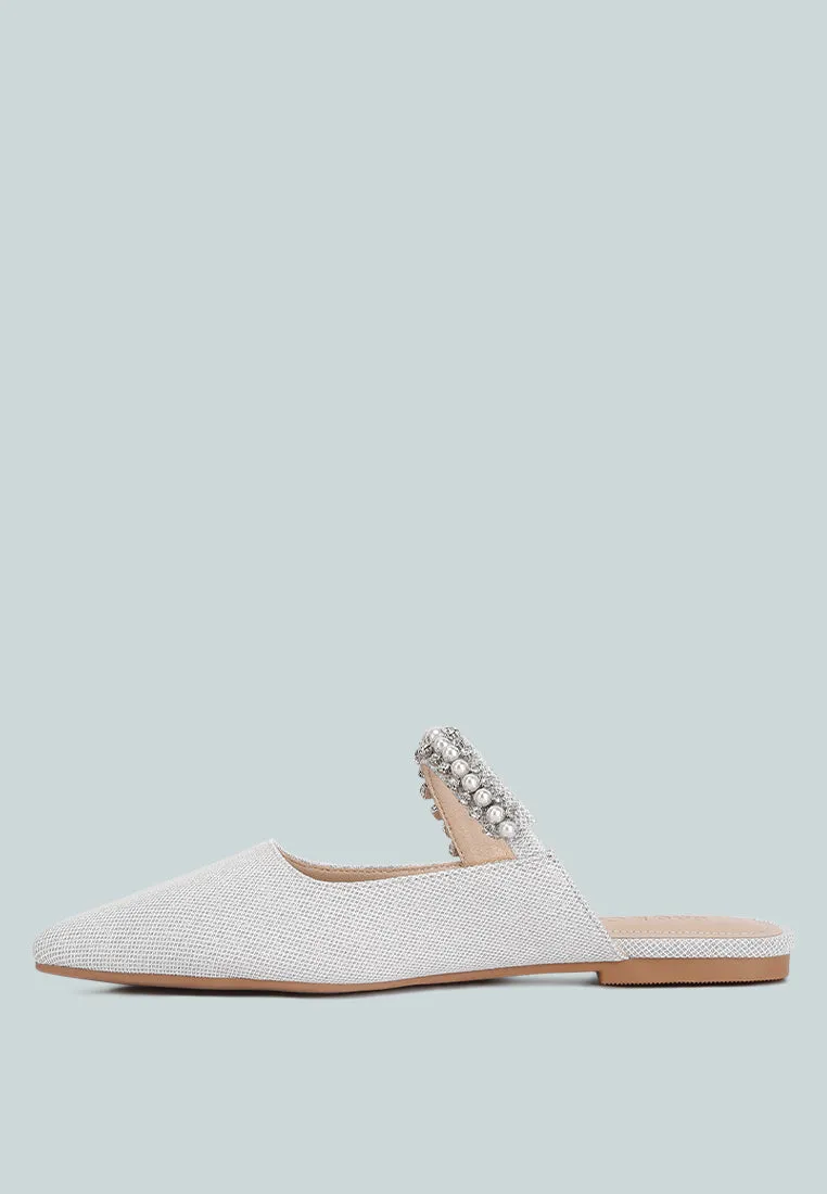 GEODE Pearl Embellished Slip On Mules In Silver