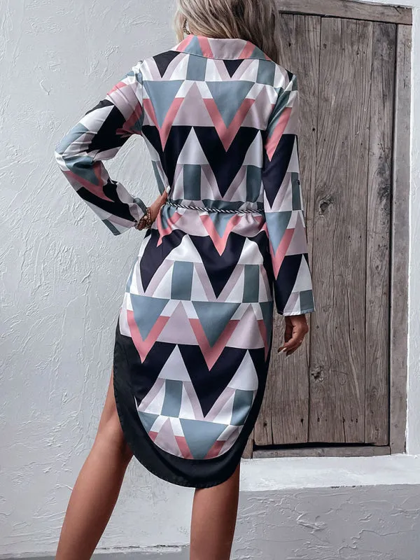 Geometric Print Long Sleeve Shirt Dress