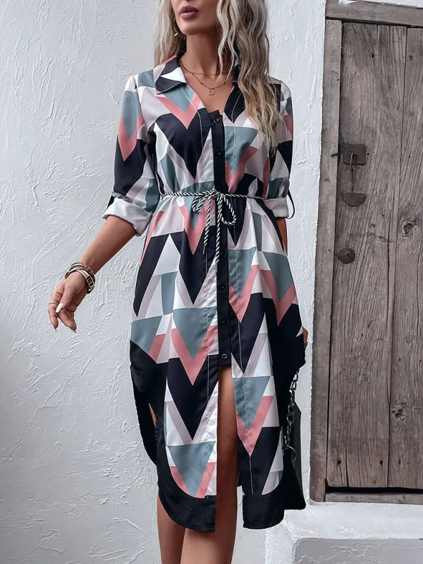 Geometric Print Long Sleeve Shirt Dress