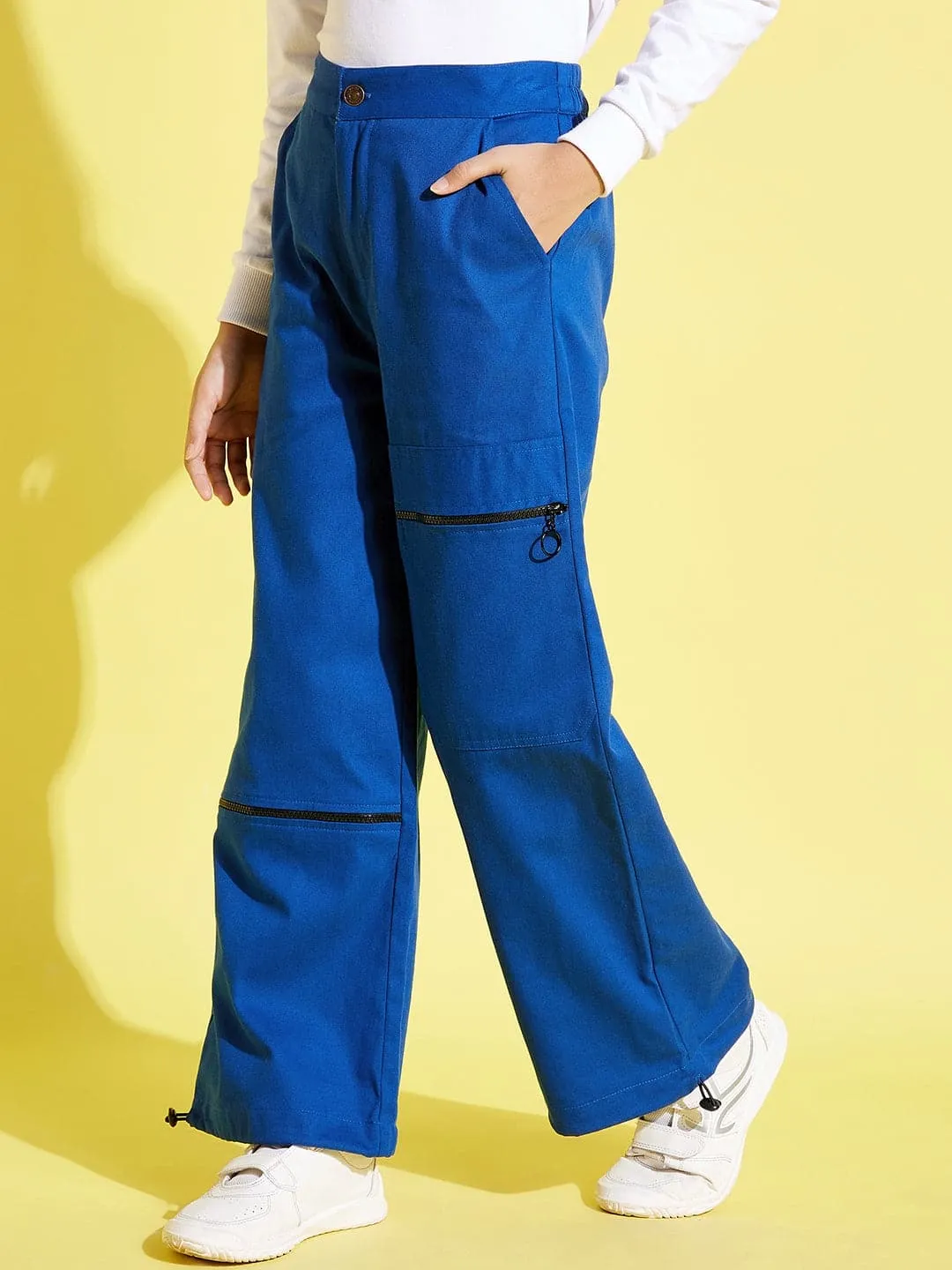 Girls Blue Pull Hem Twill Joggers - Lyush Kids