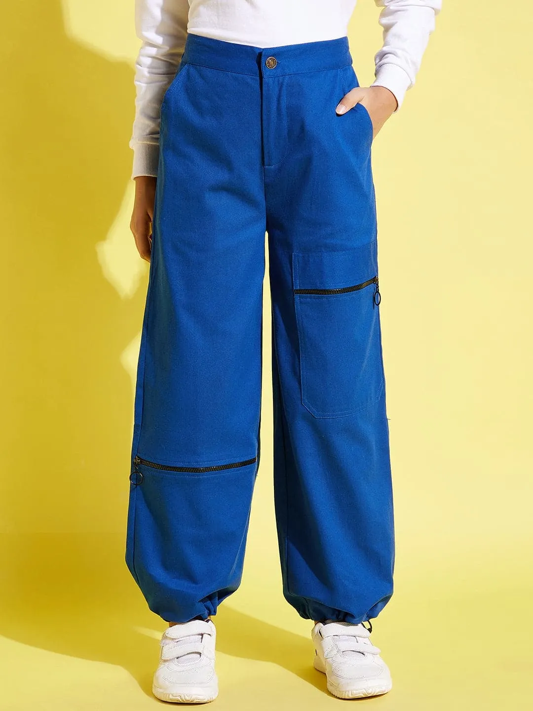 Girls Blue Pull Hem Twill Joggers - Lyush Kids