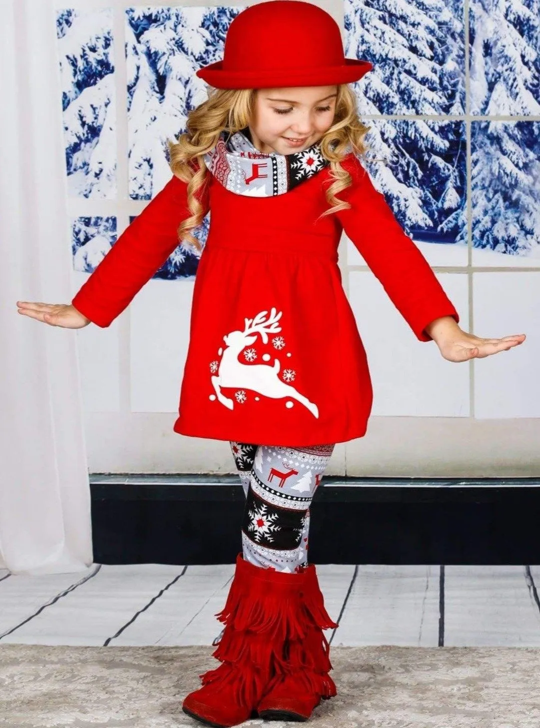 Girls Long Sleeve Reindeer Tunic, Winter Print Leggings and Scarf Set