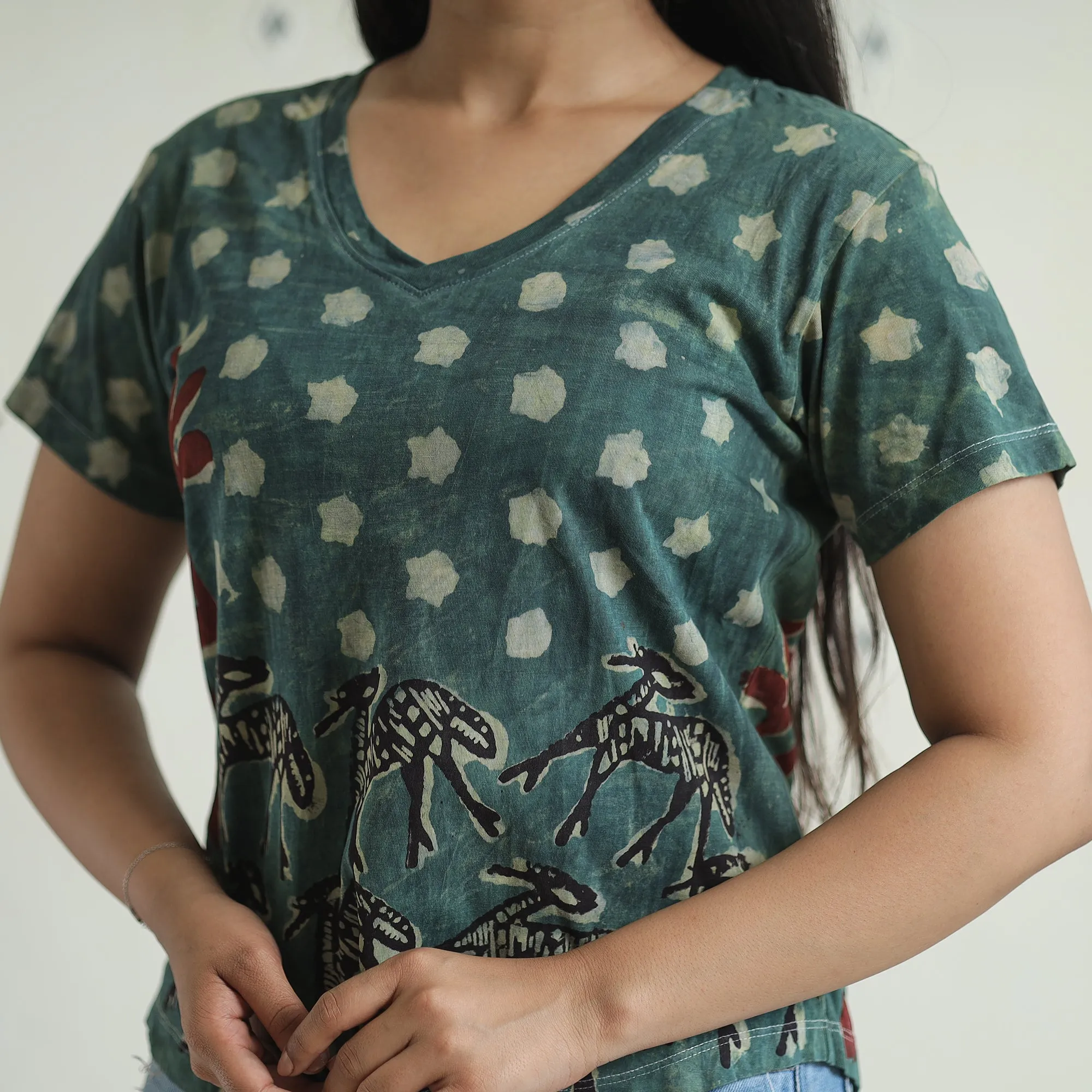 Green - Bindaas Block Art Printed Cotton Women V Neck T-shirt 08