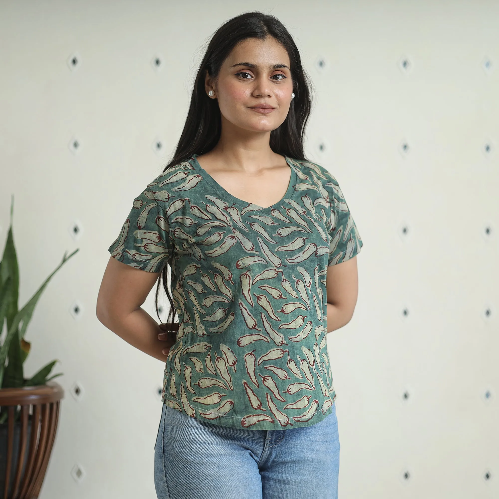 Green - Bindaas Block Art Printed Cotton Women V Neck T-shirt 11