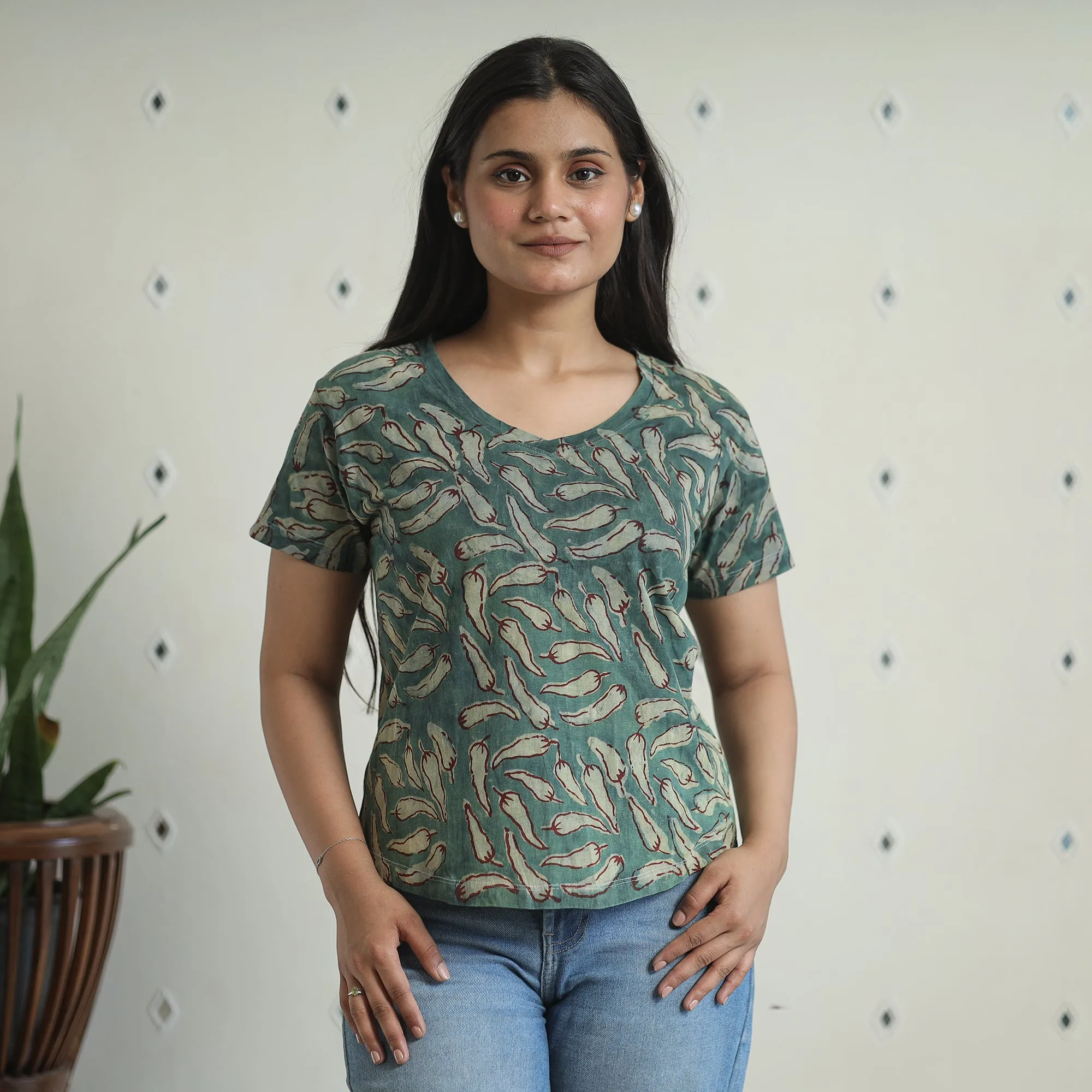 Green - Bindaas Block Art Printed Cotton Women V Neck T-shirt 11