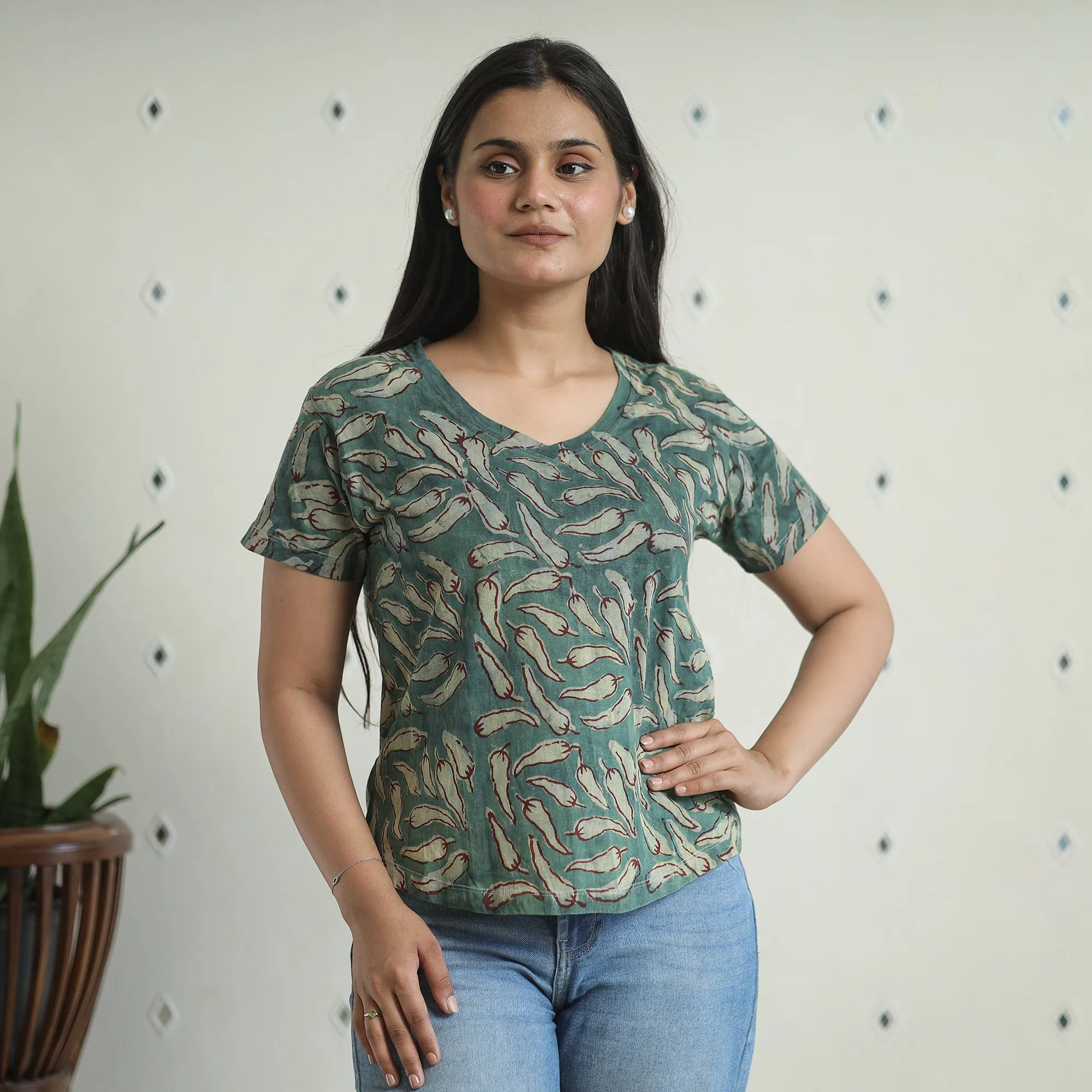 Green - Bindaas Block Art Printed Cotton Women V Neck T-shirt 11