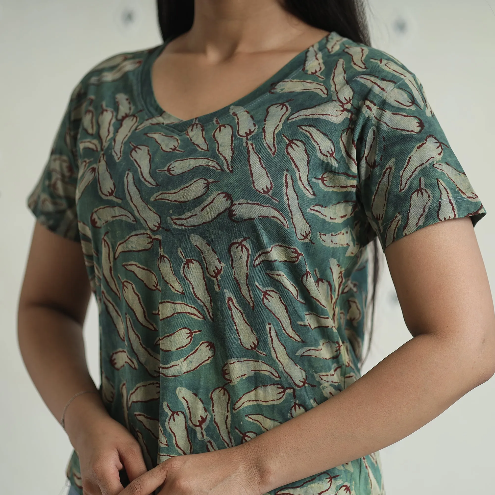 Green - Bindaas Block Art Printed Cotton Women V Neck T-shirt 11