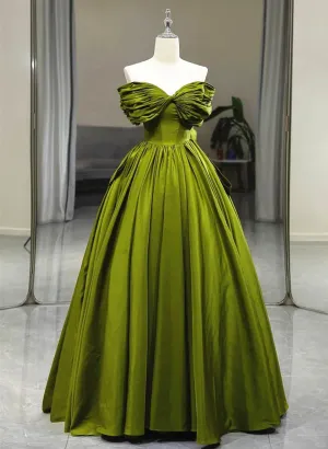 Green Satin Sweetheart Off Shoulder Prom Dress, Green Long Evening Dress