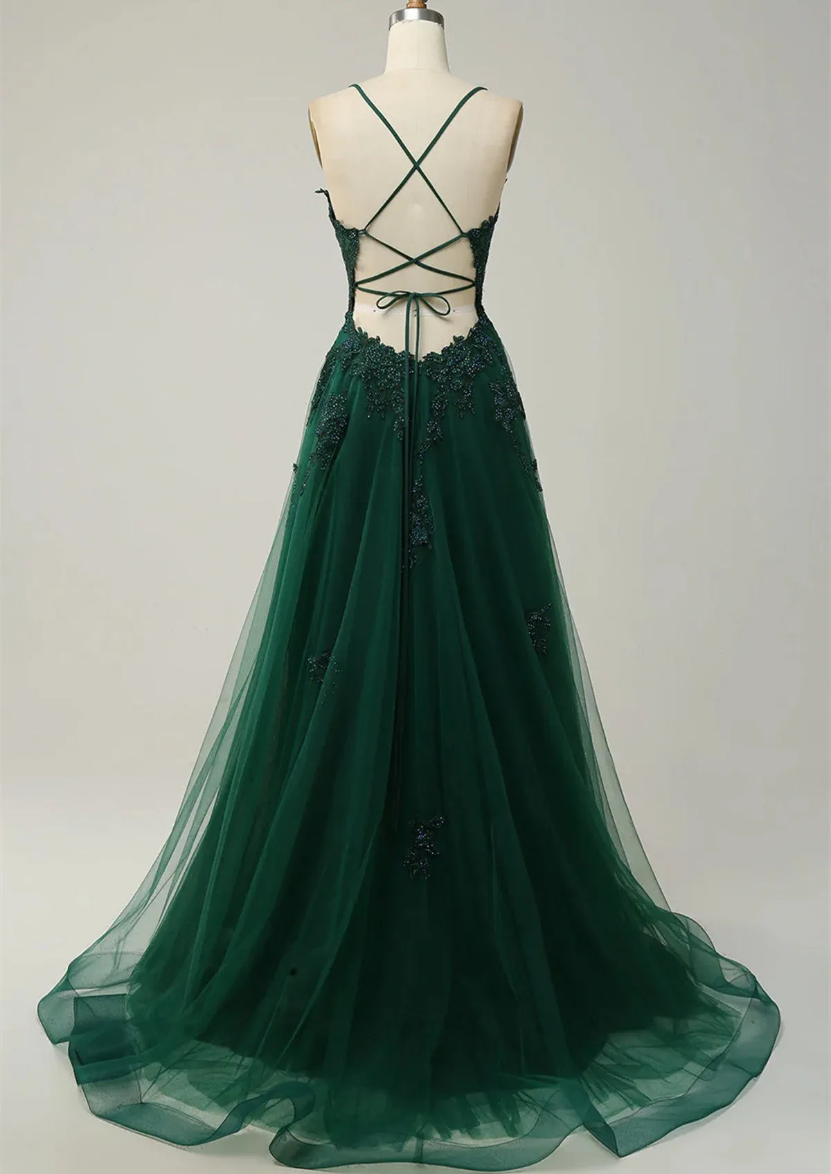 Green V-neckline Tulle with Lace Cross Back, Green Tulle Prom Dress