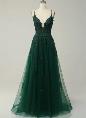 Green V-neckline Tulle with Lace Cross Back, Green Tulle Prom Dress