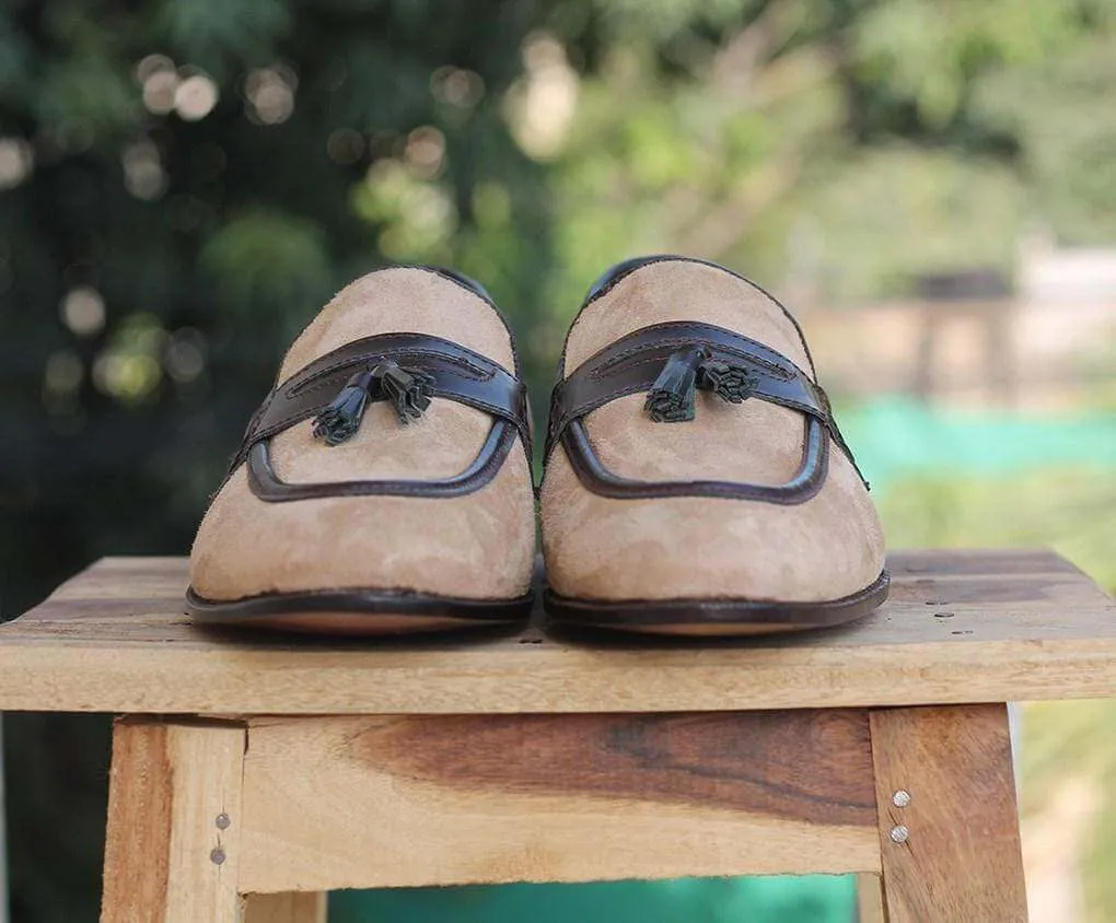 Handmade Beige Tussle Slip On Men Shoe