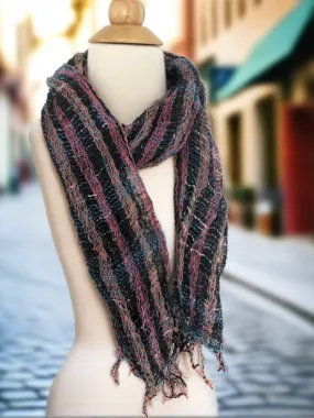 Handwoven Open Weave Cotton Scarf - Black-Mauve-Blue