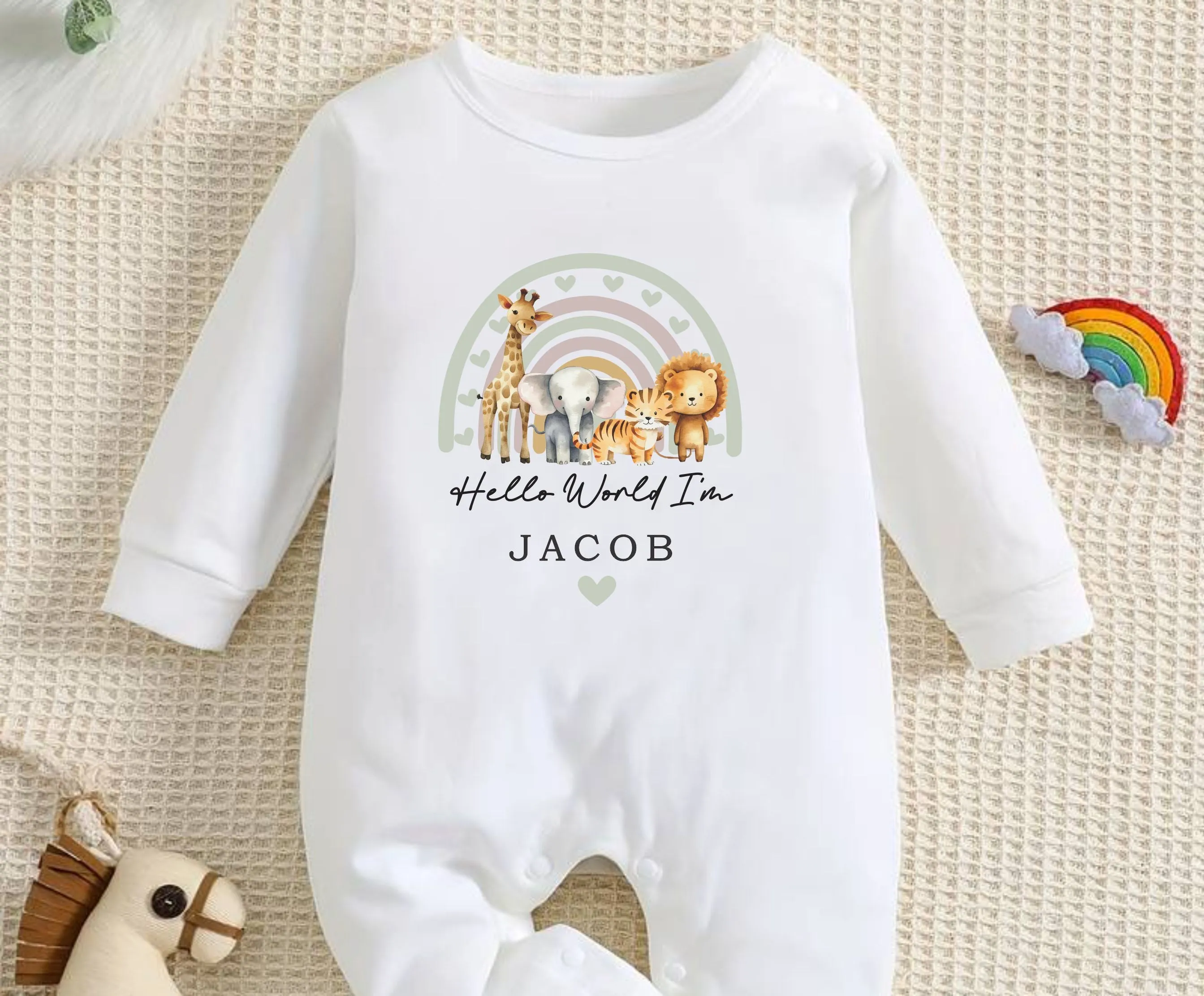 Hello World I'm Baby Vest, Baby Rompersuit- New baby arrival Vest, Rompersuit - Safari New Baby Outfit