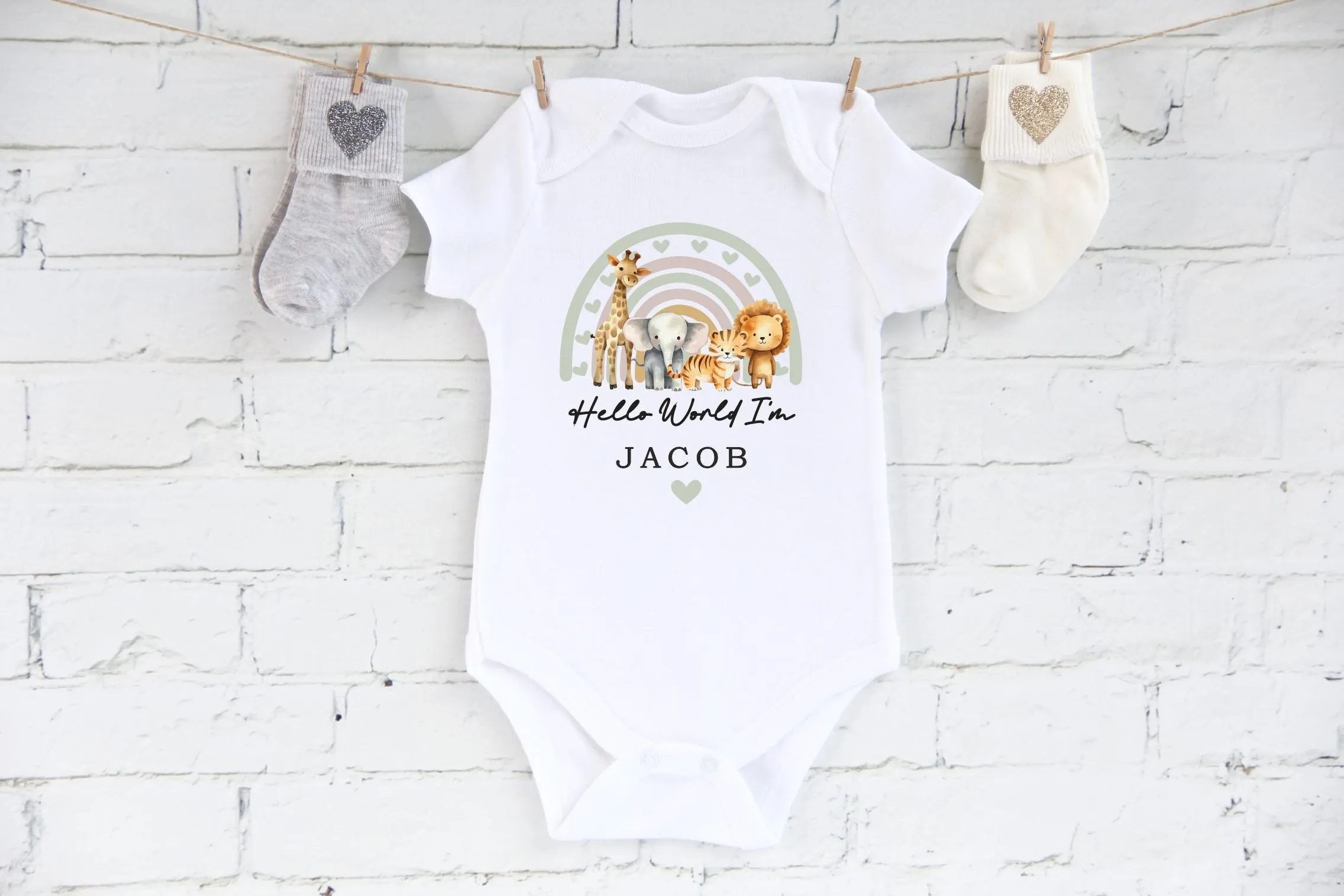 Hello World I'm Baby Vest, Baby Rompersuit- New baby arrival Vest, Rompersuit - Safari New Baby Outfit