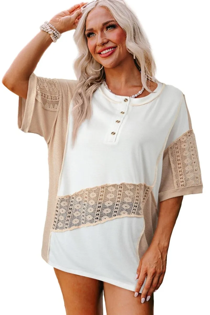 Henley White Lace Splicing Short Sleeve Top