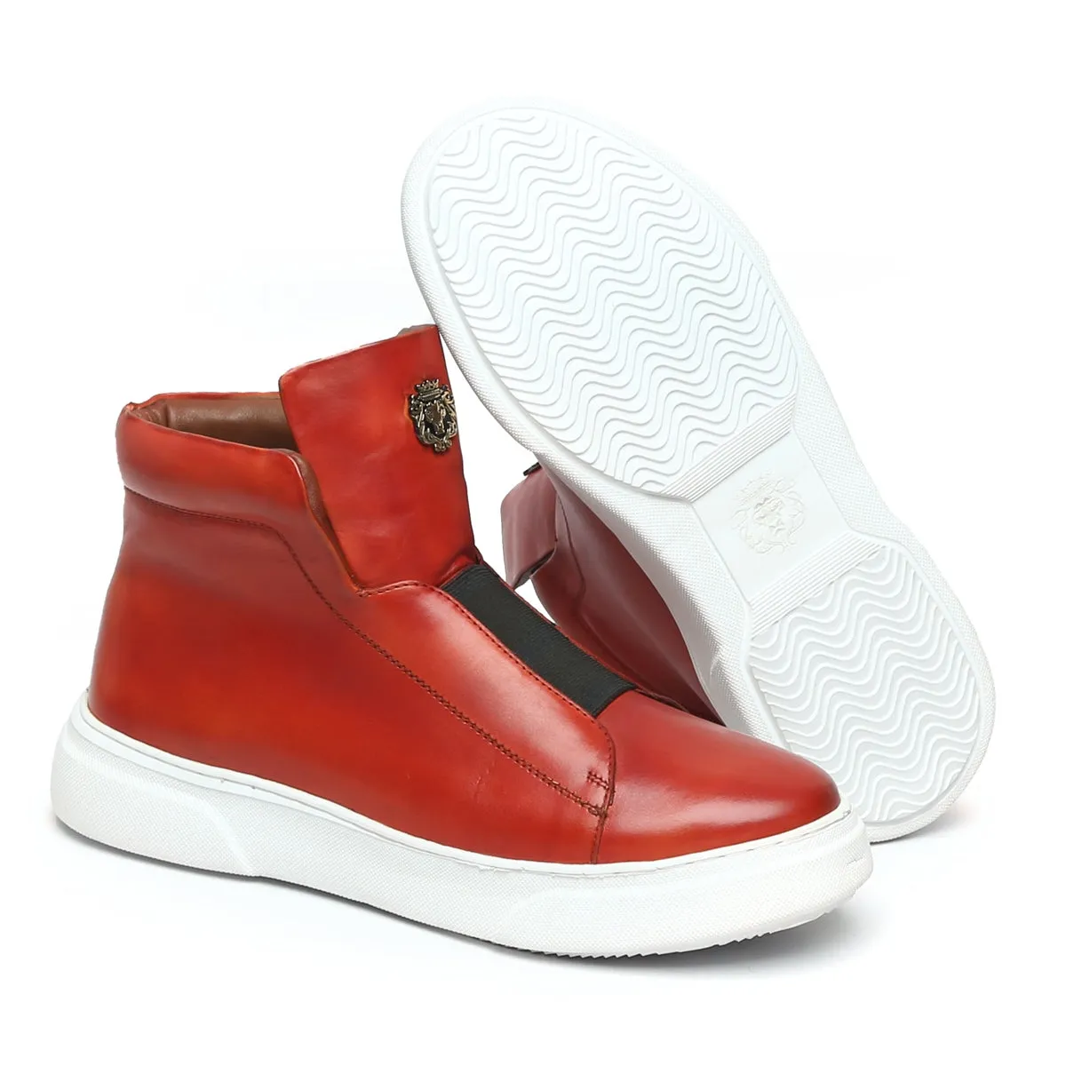 Hot Red Color Mid-Top Sneakers in Stretchable Closure by Brune & Bareskin