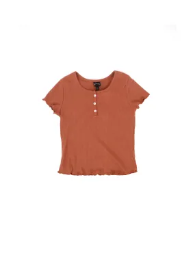 Kids Girl Ribbed Henley Top,Light Brown