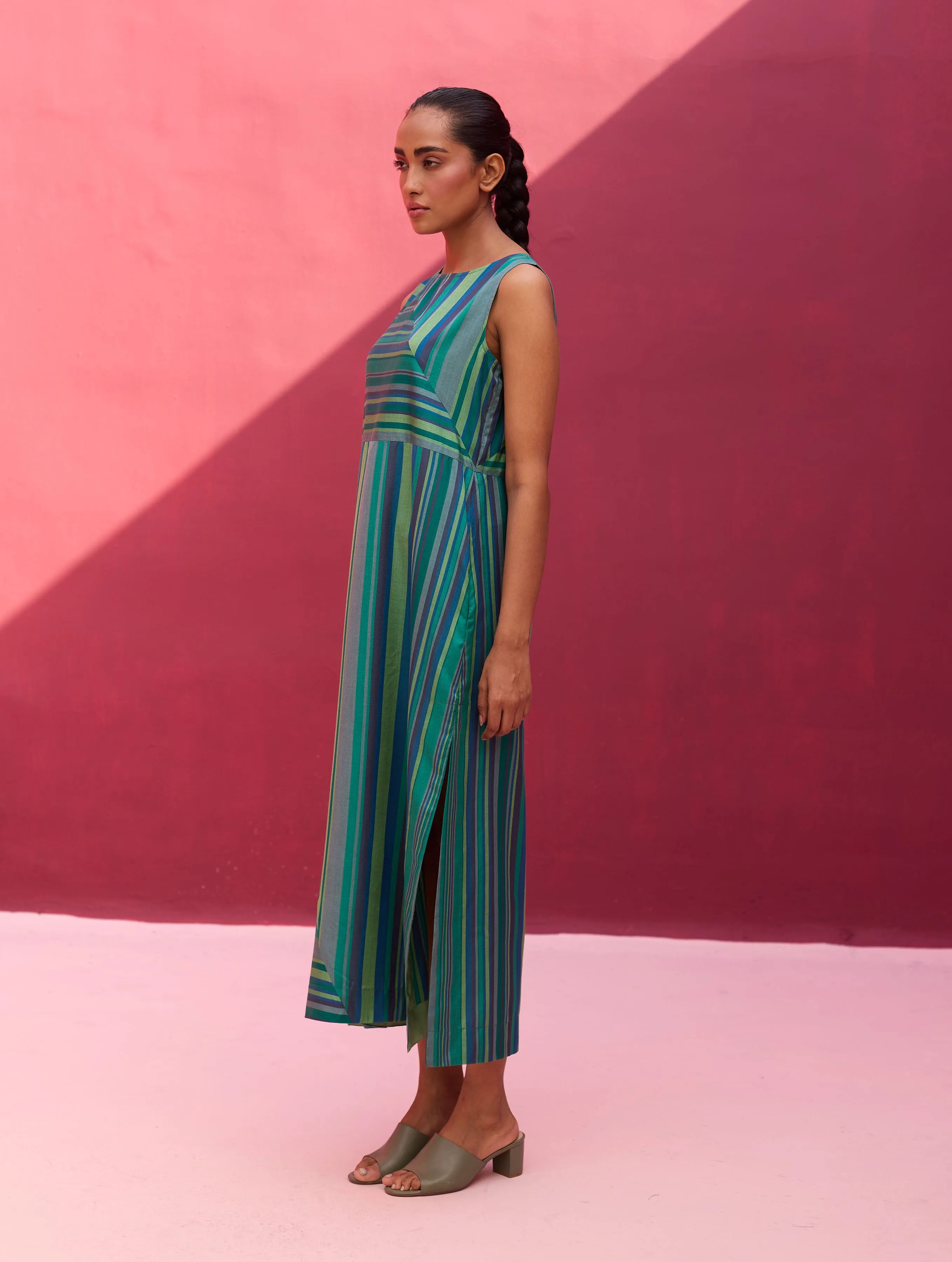 Kinza Stripe Silk Co-ord Set - Peacock