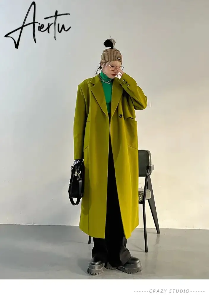 Lautaro Spring Autumn Long Green Oversized Trench Coat for Women Single Button Loose Luxury Casual Overcoat Korean Fashion