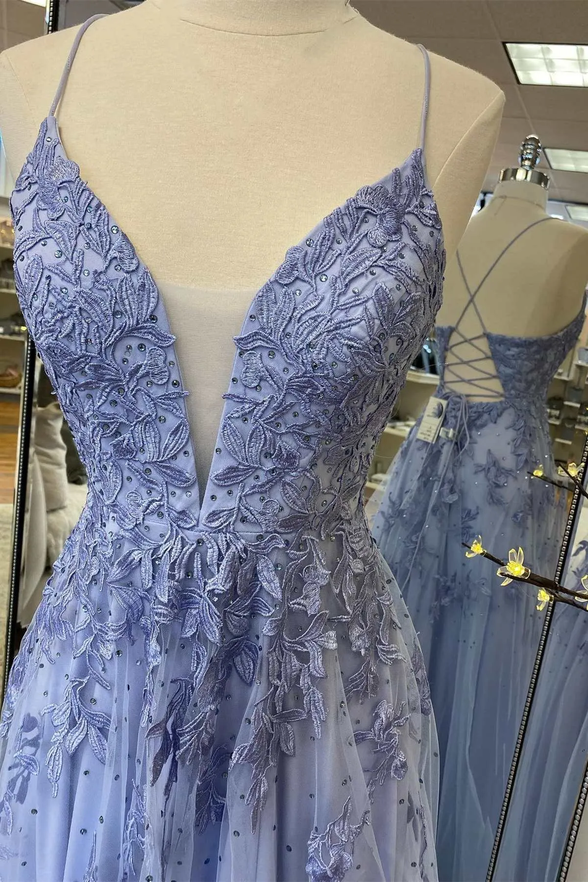 Lavender Tulle V-neckline Long Party Dress, Lavender Straps Prom Dress Formal Dress